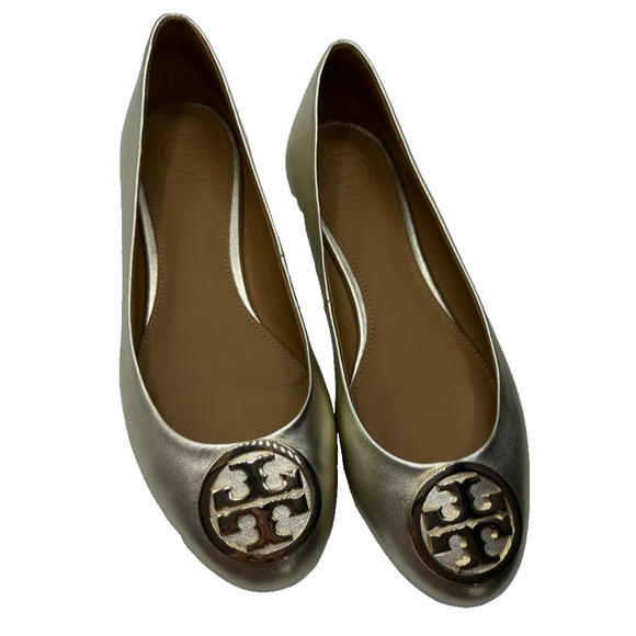 Tory Burch Gold Metallic Classic Leather Ballet Flat Size 6.5 Logo Designer EUC - Picture 1 of 5